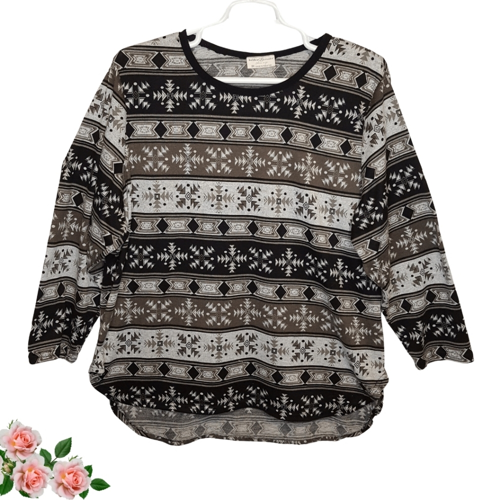 Bobbie Brooks VTG Azteca Tribal Black Gray Tunic Pullover Women's 3X